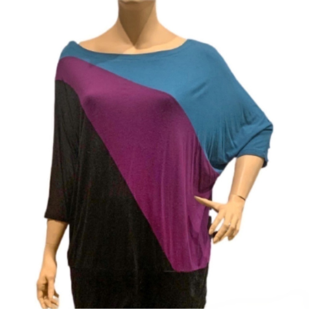 Igigi Dolman 3/4 Sleeve Tunic Plus 26/28 Black Magenta Teal Color-Block Wide Hem